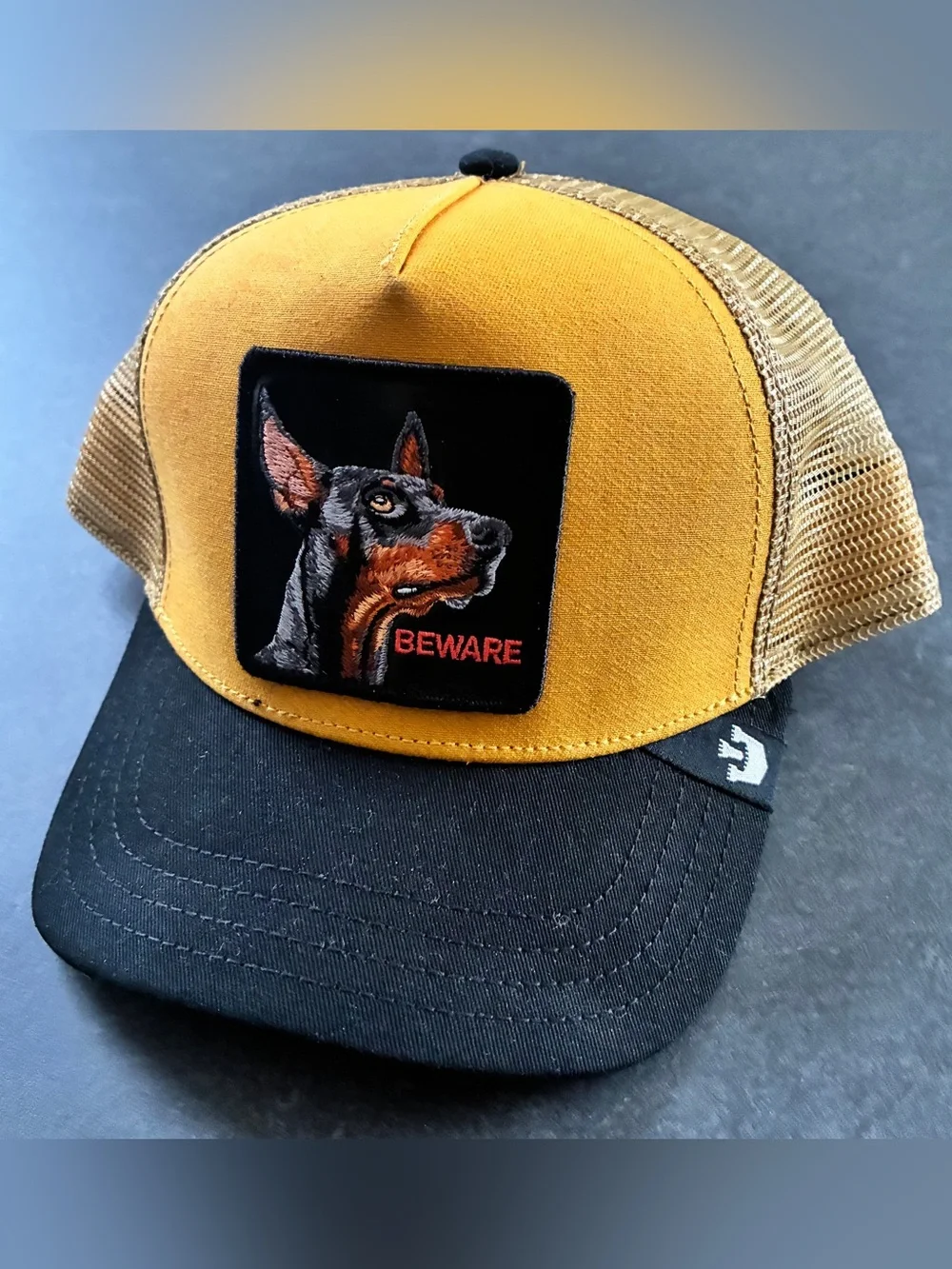 Goorin Bros Mustard and Black Doberman Beware Patch Trucker Hat